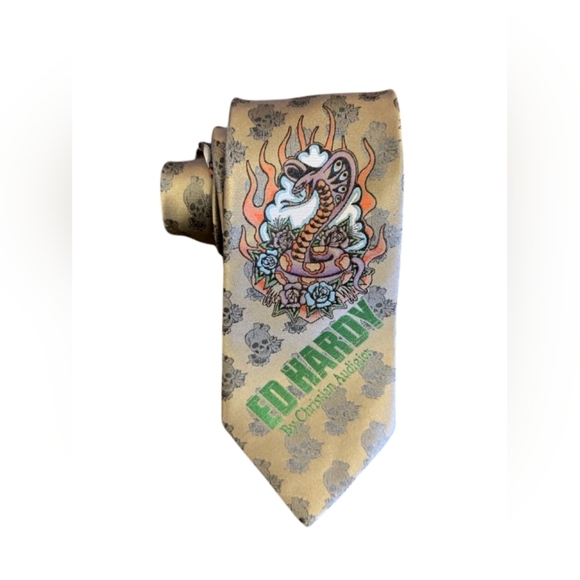 Ed Hardy EUC Gold Tie 100% Silk Snake Design - Picture 1 of 7